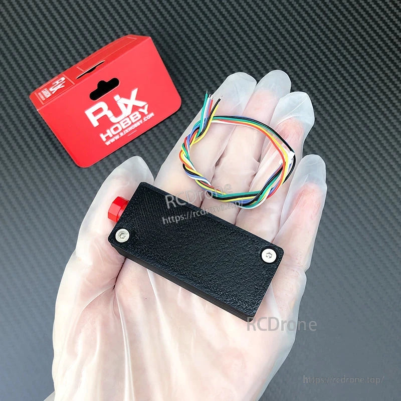 RJXHOBBY fiber-optic data link module in black case with red connector and multicolor wire harness