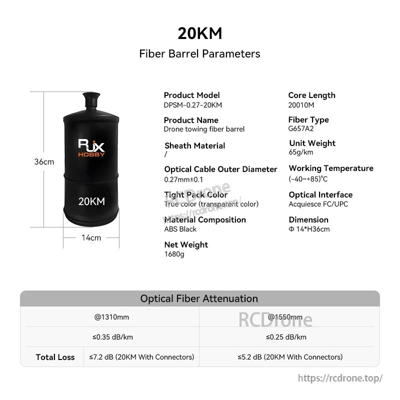RJXHOBBY 20KM drone towing fiber barrel spool, G657A2 fiber, FC/UPC interface, 14×36cm size chart