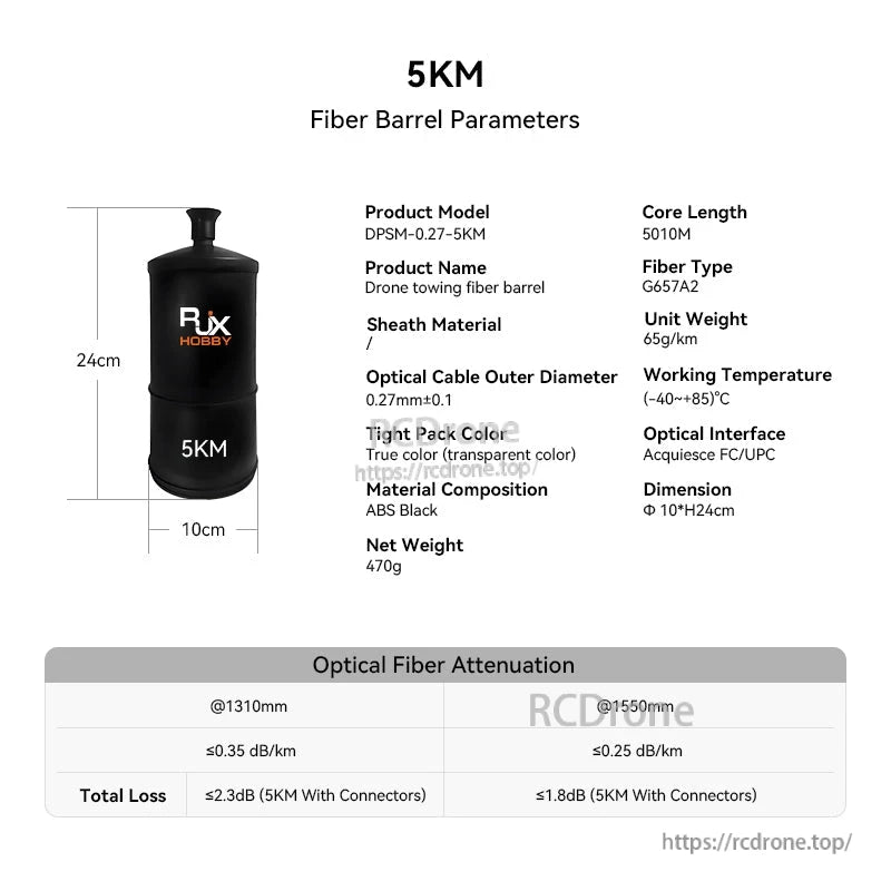 RJXHOBBY 5KM drone towing fiber barrel spool with G657A2 fiber and FC/UPC optical interface specs