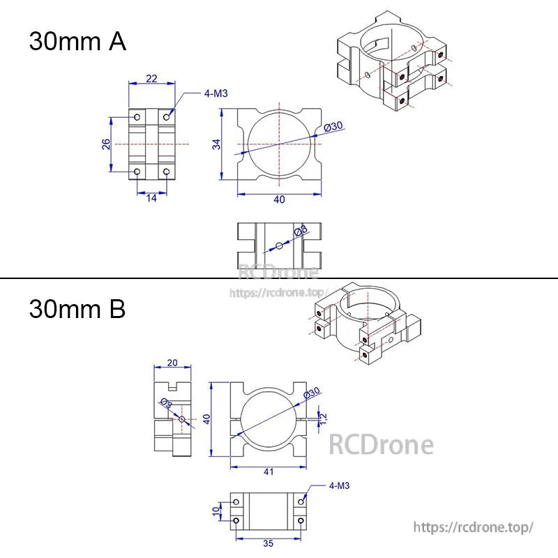 Dimension diagram of 30mm aluminum tube clamp (types A/B) for Ø30 pipe with 4×M3 mounting holes