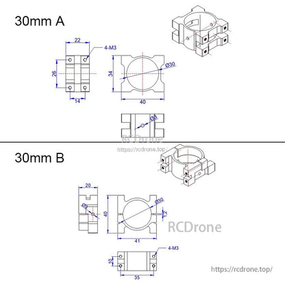 Dimension diagram of 30mm aluminum tube clamp (types A/B) for Ø30 pipe with 4×M3 mounting holes