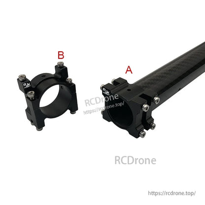 Black aluminum 30mm clip-on tube clamp with four bolts, shown mounted on a carbon fiber tube