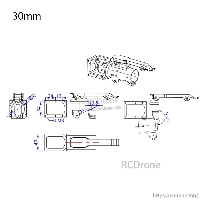 Technical drawing of 30mm folding side arm for UAV multicopter with Ø30 clamp, 6×M3 holes, 175° fold