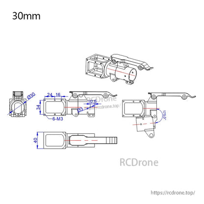 Technical drawing of 30mm folding side arm for UAV multicopter with Ø30 clamp, 6×M3 holes, 175° fold