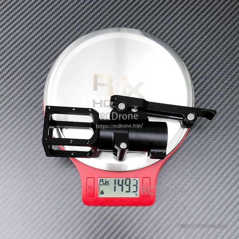 RJXHOBBY folding side arm assembly for UAV multicopter, black metal part on scale showing 149.3 g