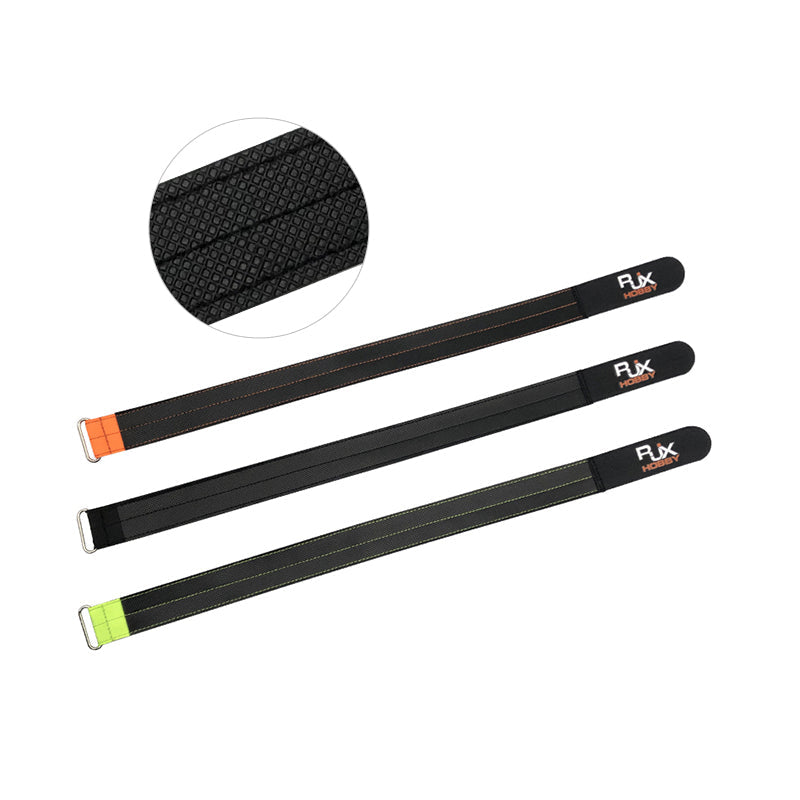 RJXHOBBY 30mm Kevlar battery straps with metal buckles, stitched edges, and textured black grip surface