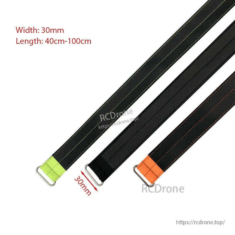 RJXHOBBY 30mm Kevlar battery straps with metal buckles, shown in multiple lengths (40–100cm)