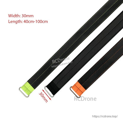 RJXHOBBY 30mm Kevlar battery straps with metal buckles, shown in multiple lengths (40–100cm)