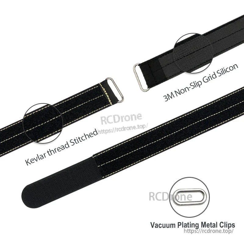 RJXHOBBY 30mm Kevlar Battery Strap, RJXHOBBY 30mm black Kevlar battery strap with stitched webbing, metal buckle, and 3M non-slip silicone grip