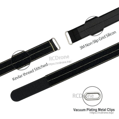 RJXHOBBY 30mm Kevlar Battery Strap, RJXHOBBY 30mm black Kevlar battery strap with stitched webbing, metal buckle, and 3M non-slip silicone grip