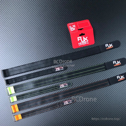 RJXHOBBY 30mm Kevlar battery straps with metal buckles, shown in black with green and orange stitching