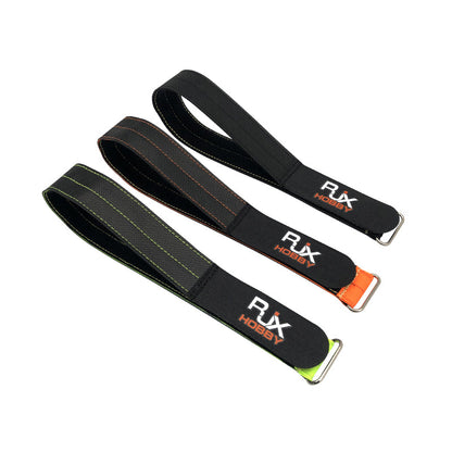 RJXHOBBY 30mm Kevlar battery straps with metal buckles and stitched edging in black with green and orange accents