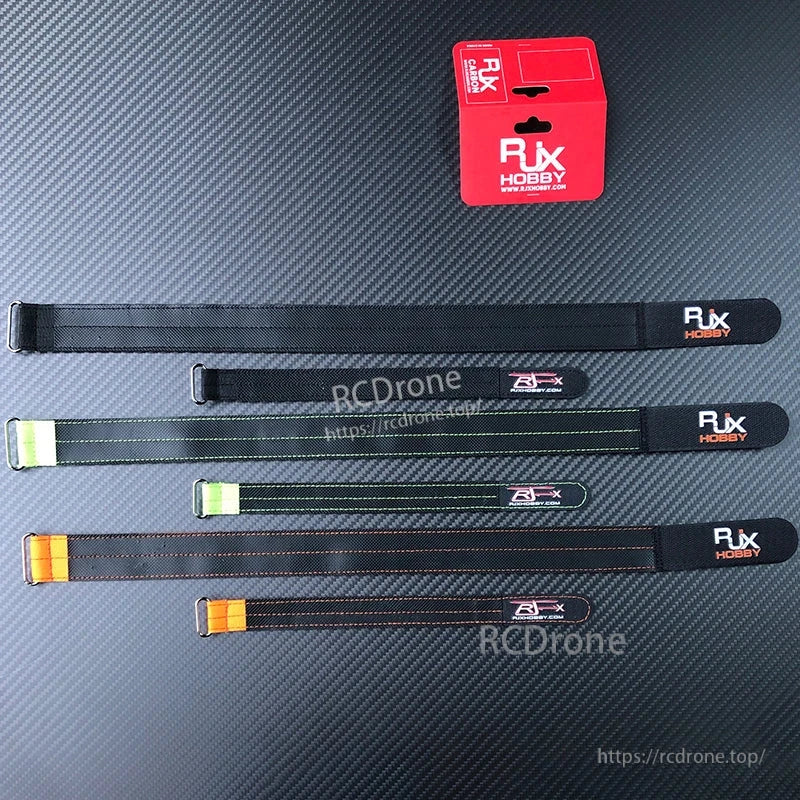 RJXHOBBY 30mm Kevlar Battery Strap, RJXHOBBY battery straps with metal buckle and stitched webbing, shown in several lengths with RJX packaging