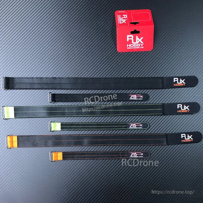 RJXHOBBY 30mm Kevlar Battery Strap, RJXHOBBY battery straps with metal buckle and stitched webbing, shown in several lengths with RJX packaging