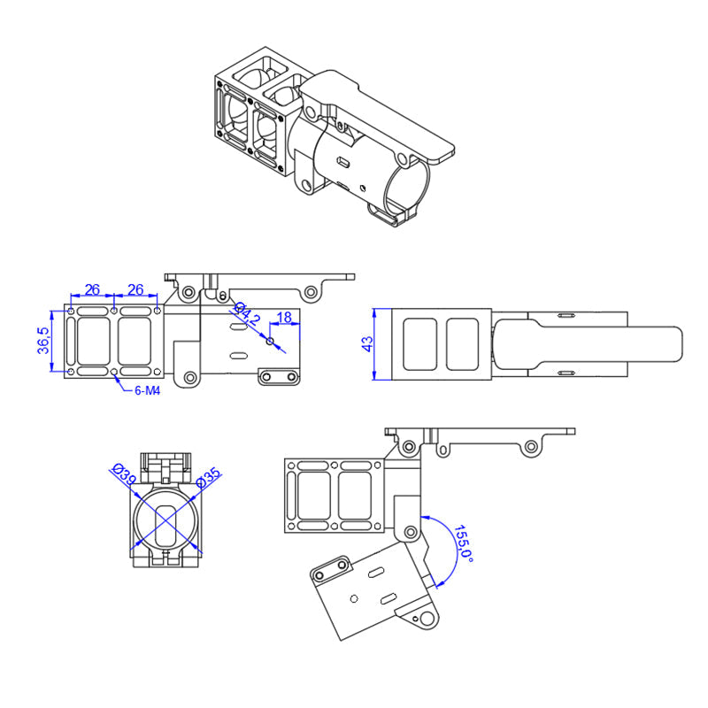 Technical drawing of RJXHOBBY 35mm folding side arm bracket for UAV, with dimensions and 155° hinge angle