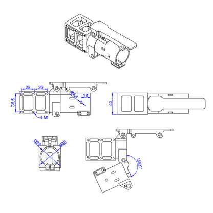 Technical drawing of RJXHOBBY 35mm folding side arm bracket for UAV, with dimensions and 155° hinge angle