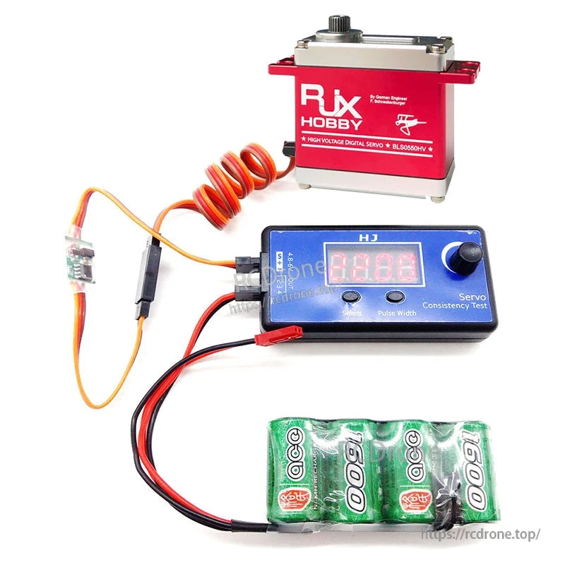 RJXHOBBY 3.6-24V 5A Servo Signal Reverser, Inline servo signal reverser module on a servo lead connected to an RJXHOBBY servo, servo tester, and battery pack