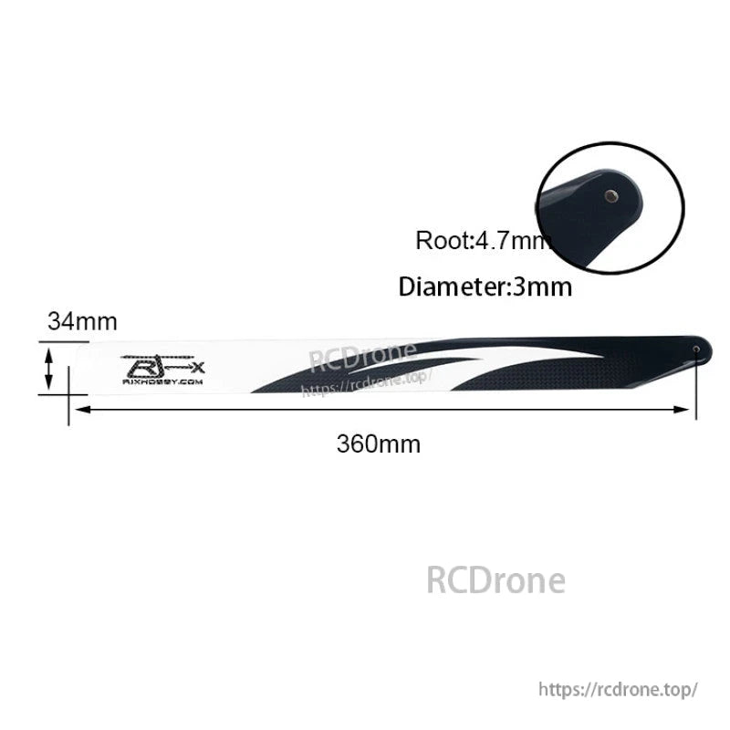 RJXHOBBY 360mm Carbon Fiber Main Blades, RJXHOBBY 360mm carbon fiber helicopter main blade with 34mm width, 4.7mm root, and 3mm mount hole
