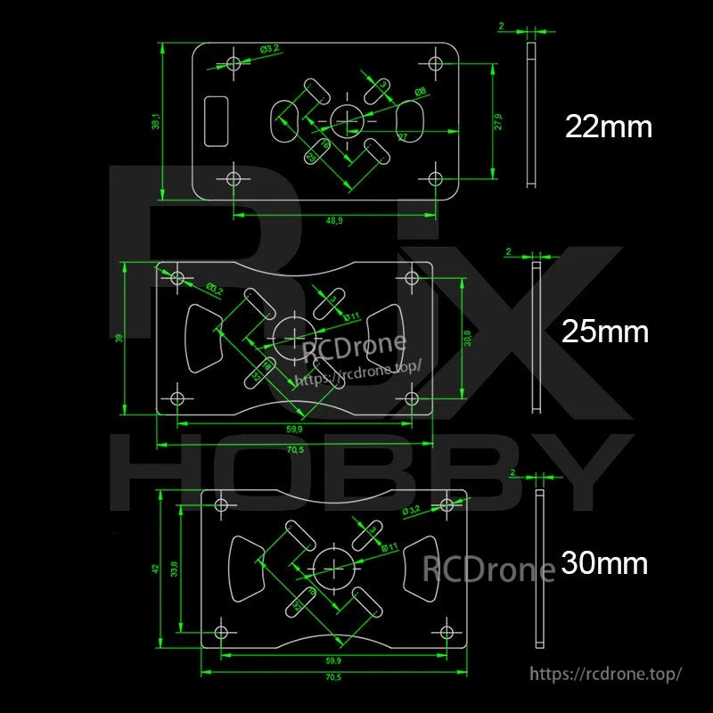 Technical drawing of carbon fiber motor mount plate with hole layout and 22mm, 25mm, 30mm clamp sizes