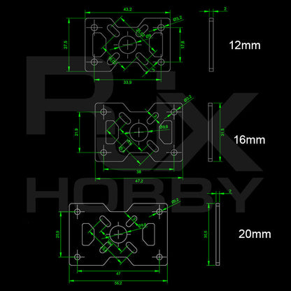 Dimensioned drawing of RJXHOBBY carbon fiber motor mount plate for 12mm, 16mm and 20mm tube clamps