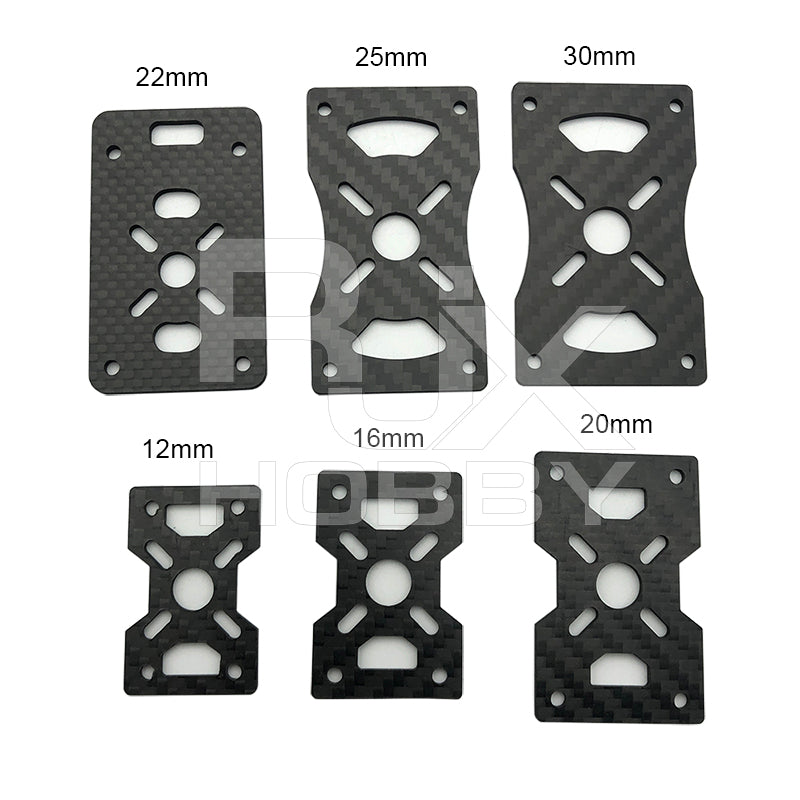 3K carbon fiber motor fixed mount plate brackets with slotted holes, shown in 12–30mm tube clamp sizes