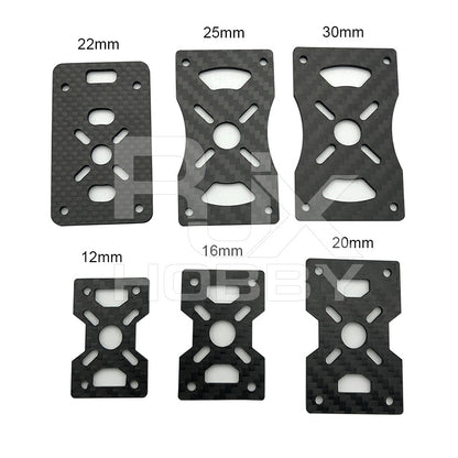 3K carbon fiber motor fixed mount plate brackets with slotted holes, shown in 12–30mm tube clamp sizes