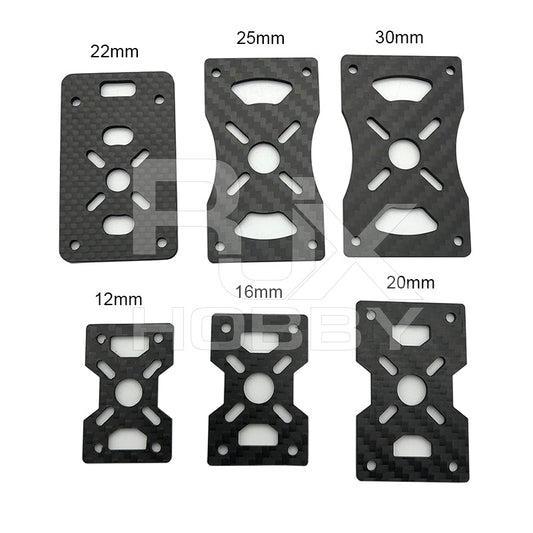 3K carbon fiber motor fixed mount plate brackets with slotted holes, shown in 12–30mm tube clamp sizes