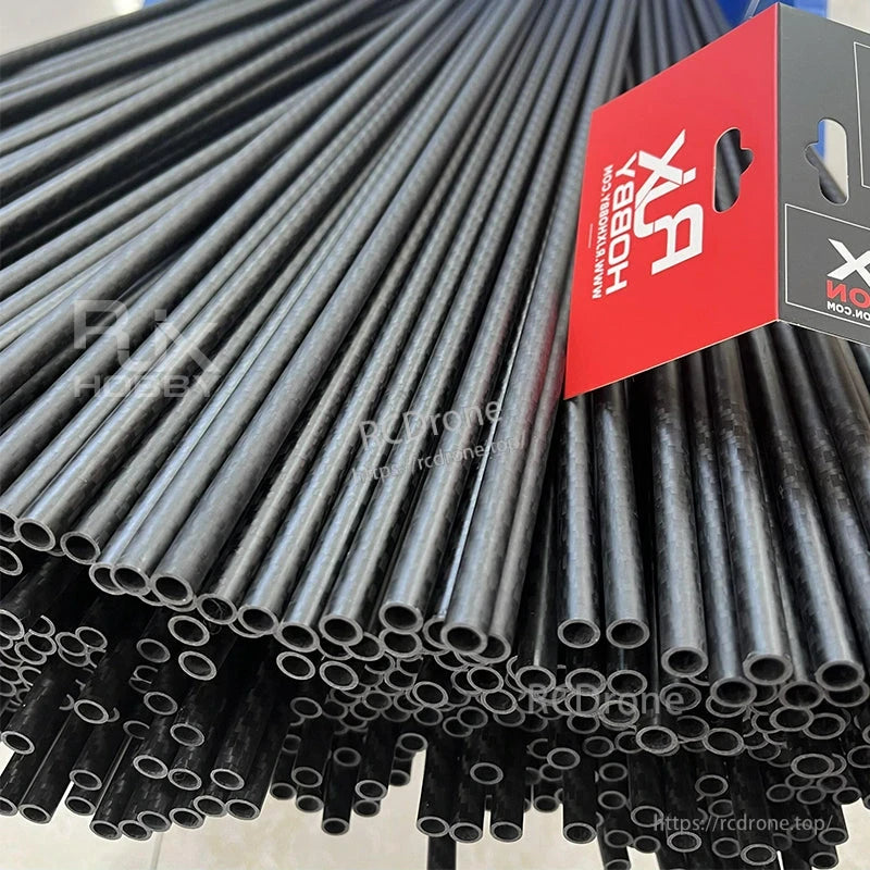 RJXHOBBY 3K Carbon Fiber Round Tube, Bundle of RJXHOBBY carbon fiber round tubes with hollow ends, grouped together in black finish