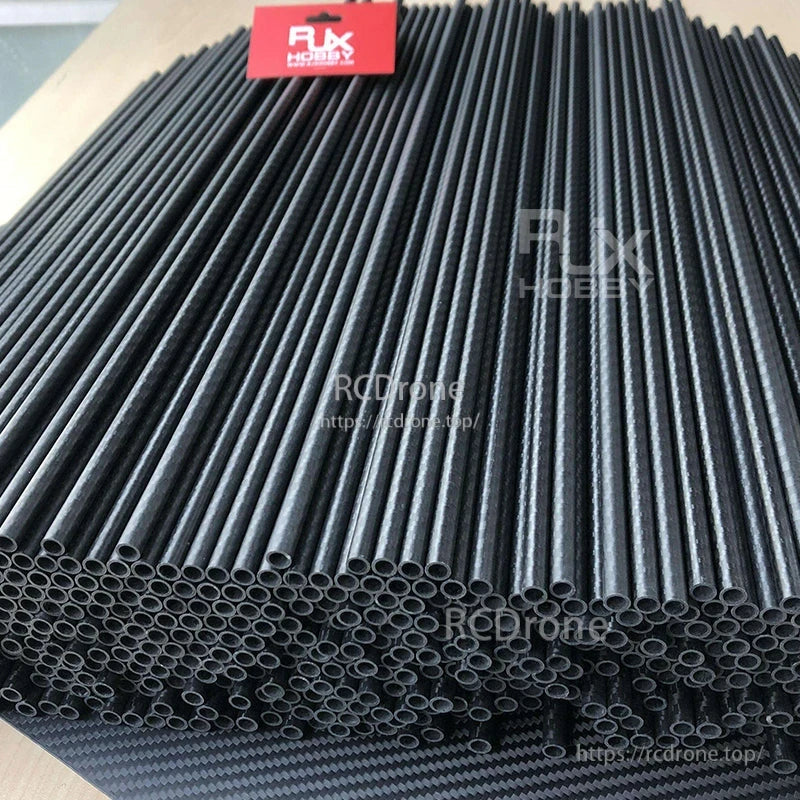 Bundle of RJXHOBBY 3K carbon fiber round tubes with hollow ends, stacked together for RC builds