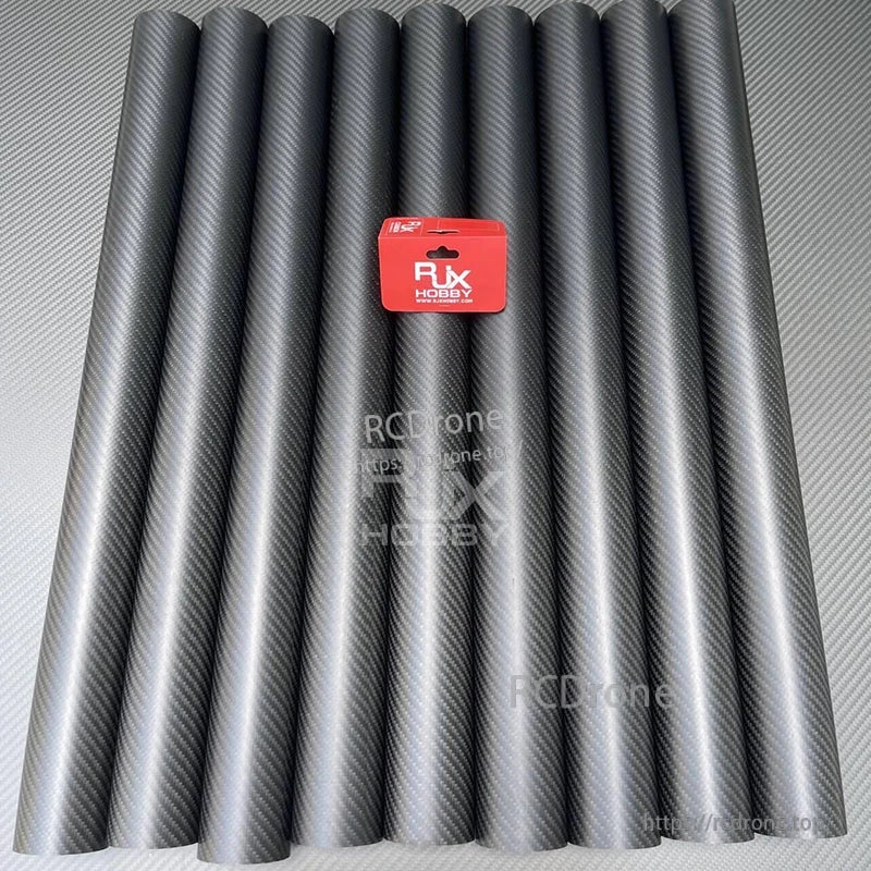 RJXHOBBY 3K carbon fiber round tubes with twill weave finish, arranged side by side with brand tag