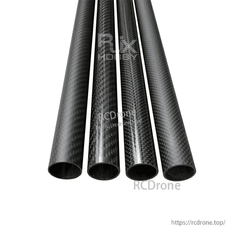 RJXHOBBY 3K Carbon Fiber Round Tube, Four 3K carbon fiber round tubes with glossy woven finish, hollow ends visible for RC frame builds