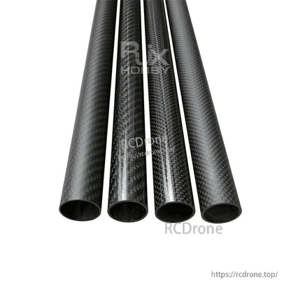 RJXHOBBY 3K Carbon Fiber Round Tube, Four 3K carbon fiber round tubes with glossy woven finish, hollow ends visible for RC frame builds