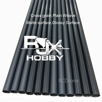 RJXHOBBY 3K carbon fiber round tubes with plain weave cross-grain pattern, bundled together in black finish