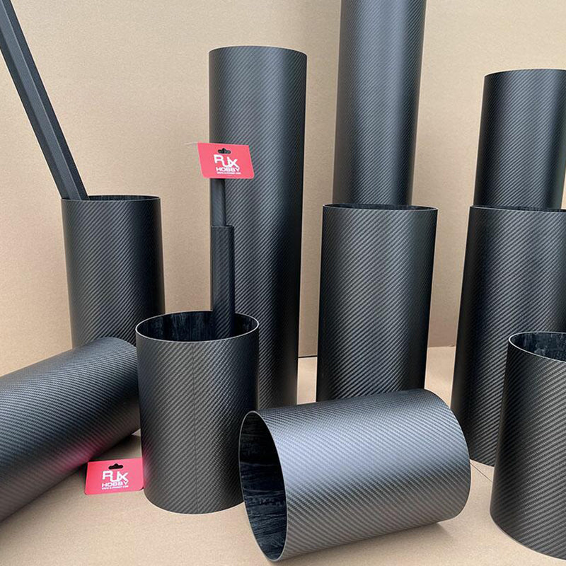 RJXHOBBY 3K Carbon Fiber Round Tube, RJXHOBBY carbon fiber round tubes with 3K weave finish in assorted diameters, grouped upright and horizontal