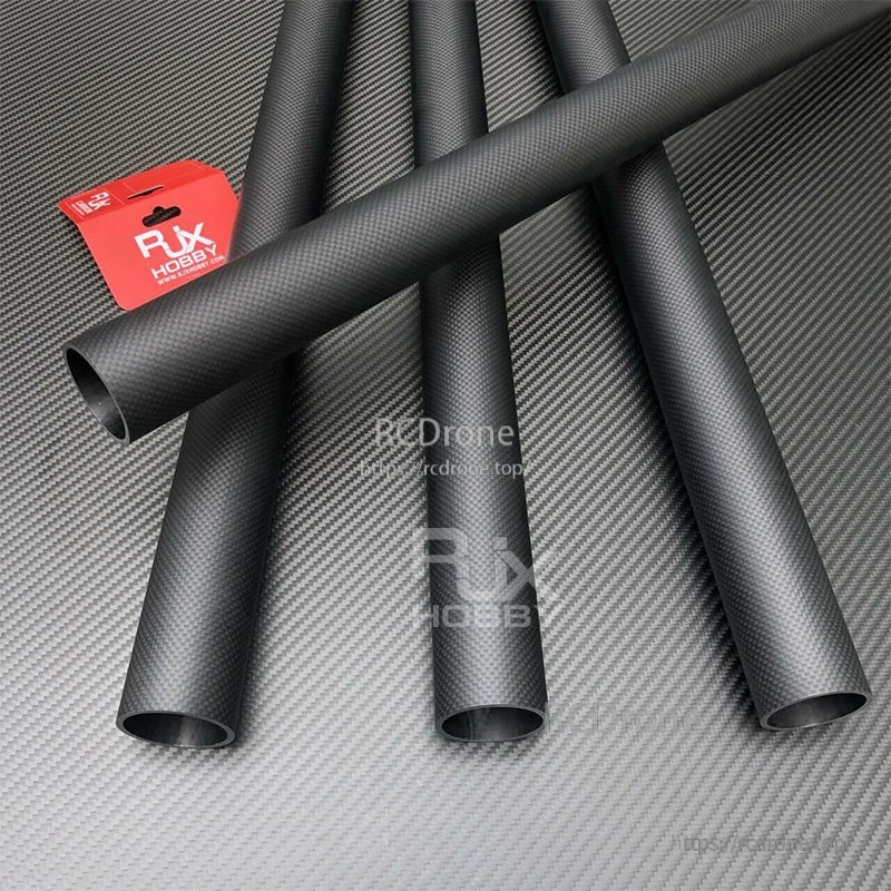 RJXHOBBY 3K carbon fiber round tubes with woven finish, shown alongside a red RJX Hobby tag