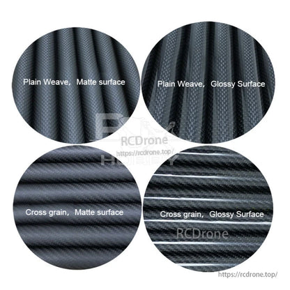 RJXHOBBY 3K carbon fiber round tube finish options, showing plain weave and cross-grain in matte and glossy surfaces