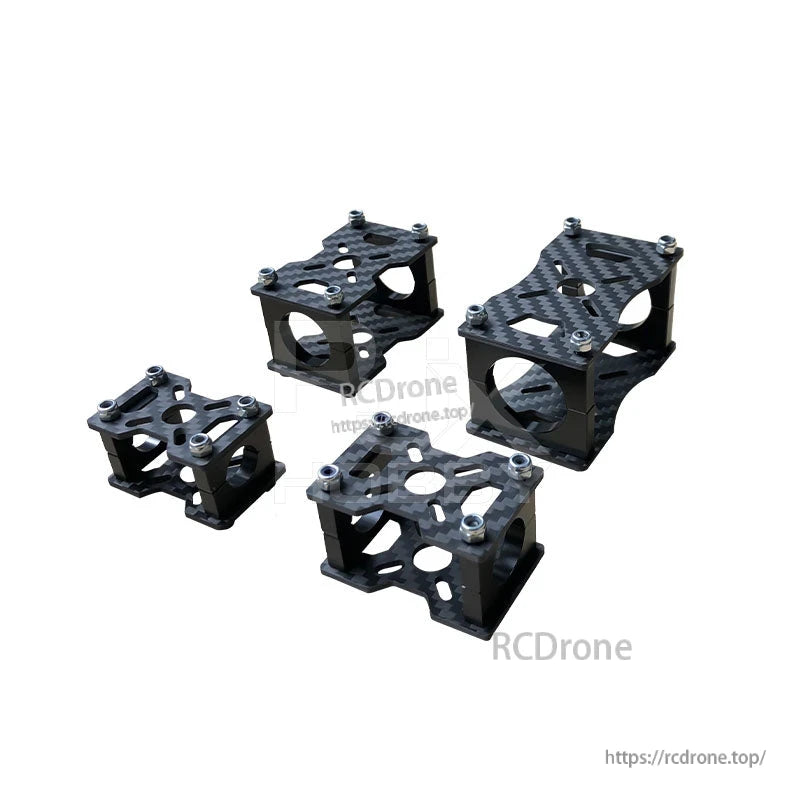 Carbon fiber tube clamp and motor mount fixture brackets with hardware, shown in multiple sizes
