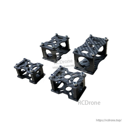 Carbon fiber tube clamp and motor mount fixture brackets with hardware, shown in multiple sizes