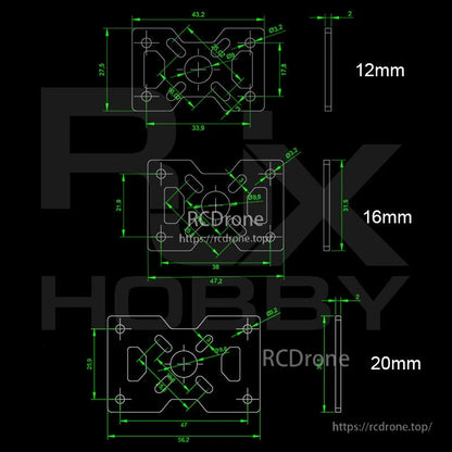Dimension drawing of RJXHOBBY carbon fiber tube clamp and motor mount fixture brackets in 12mm, 16mm, and 20mm sizes