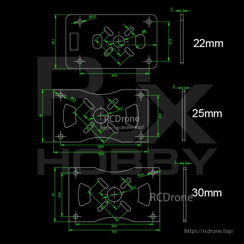 Dimension drawing of carbon fiber tube clamp and motor mount plates in 22mm, 25mm and 30mm sizes
