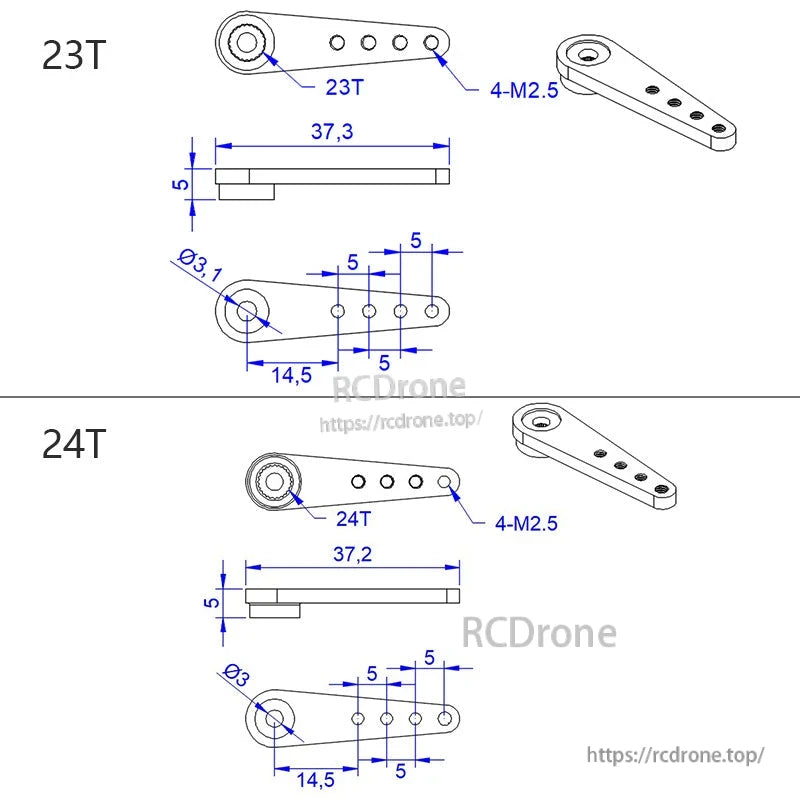 RJXHOBBY 3PCS Metal Servo Arm, Technical drawing of metal servo arm in 23T and 24T versions with 4 M2.5 holes and ~37.2 mm length
