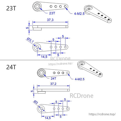 RJXHOBBY 3PCS Metal Servo Arm, Technical drawing of metal servo arm in 23T and 24T versions with 4 M2.5 holes and ~37.2 mm length