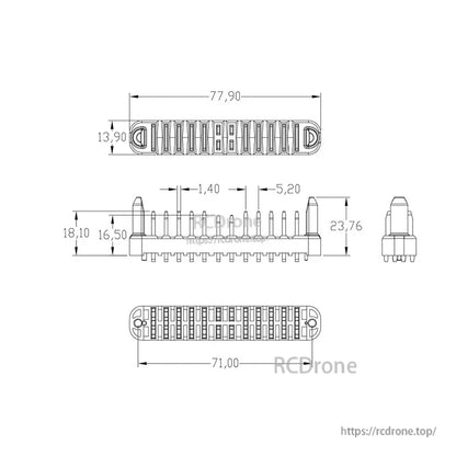 Dimensioned technical drawing of a DJI Agras T30/T40/T50 battery interface connector with 77.90 mm overall length
