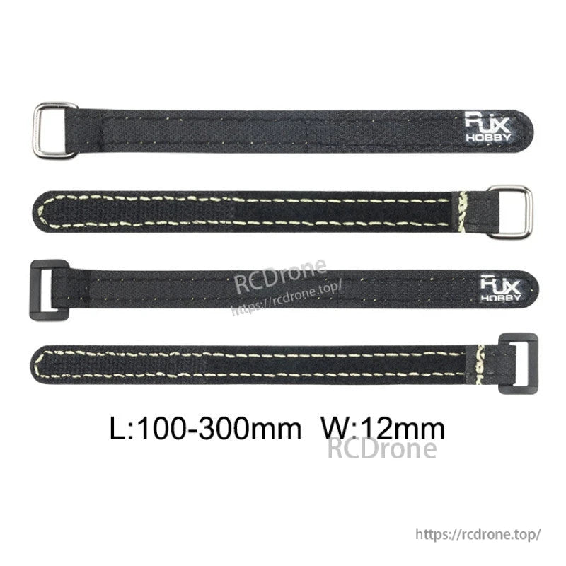 RJXHOBBY 4-Pack 12mm Nylon Battery Strap, Four black RJXHOBBY 12mm nylon battery straps with metal buckles, lengths 100–300mm