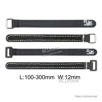 RJXHOBBY 4-Pack 12mm Nylon Battery Strap, Four black RJXHOBBY 12mm nylon battery straps with metal buckles, lengths 100–300mm