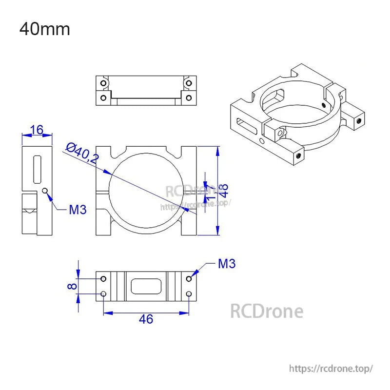 Technical drawing of 40mm aluminum tube clamp with Ø40.2mm inner diameter and M3 mounting holes