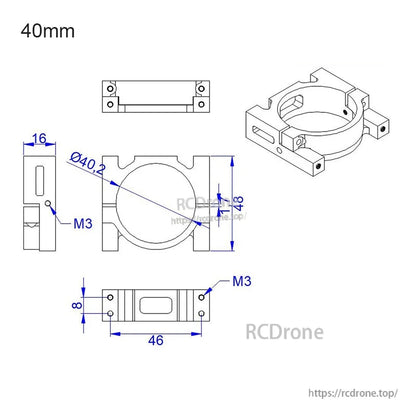 Technical drawing of 40mm aluminum tube clamp with Ø40.2mm inner diameter and M3 mounting holes