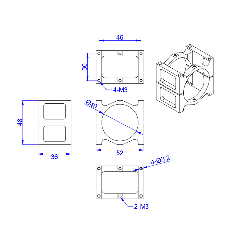 Technical drawing of a 40mm pipe clip tubing clamp with Ø40 bore, M3 screw holes, and 52×48×36 mm dimensions.
