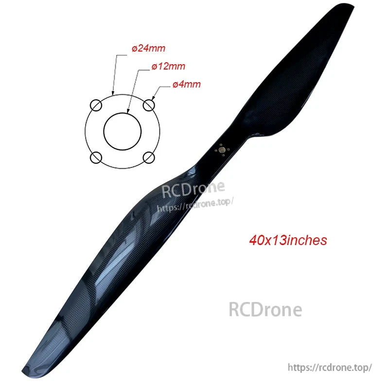 RJXHOBBY 40x13 inch carbon fiber propeller with glossy finish and 4-bolt mounting pattern diagram for large RC models