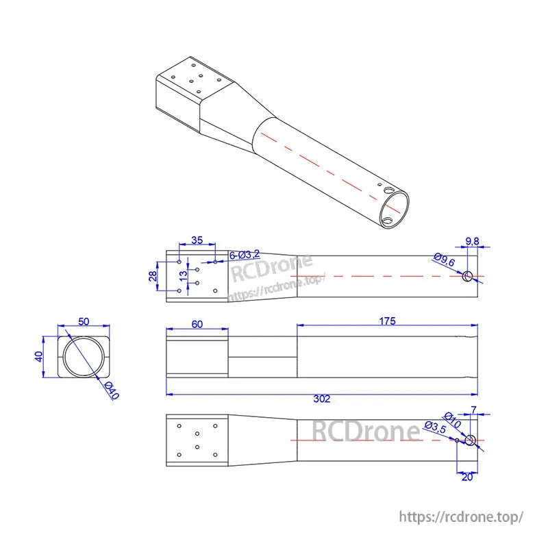 Dimensioned drawing of RJXHOBBY carbon fiber UAV arm with 40mm tube, ~302mm length, and mounting plate holes
